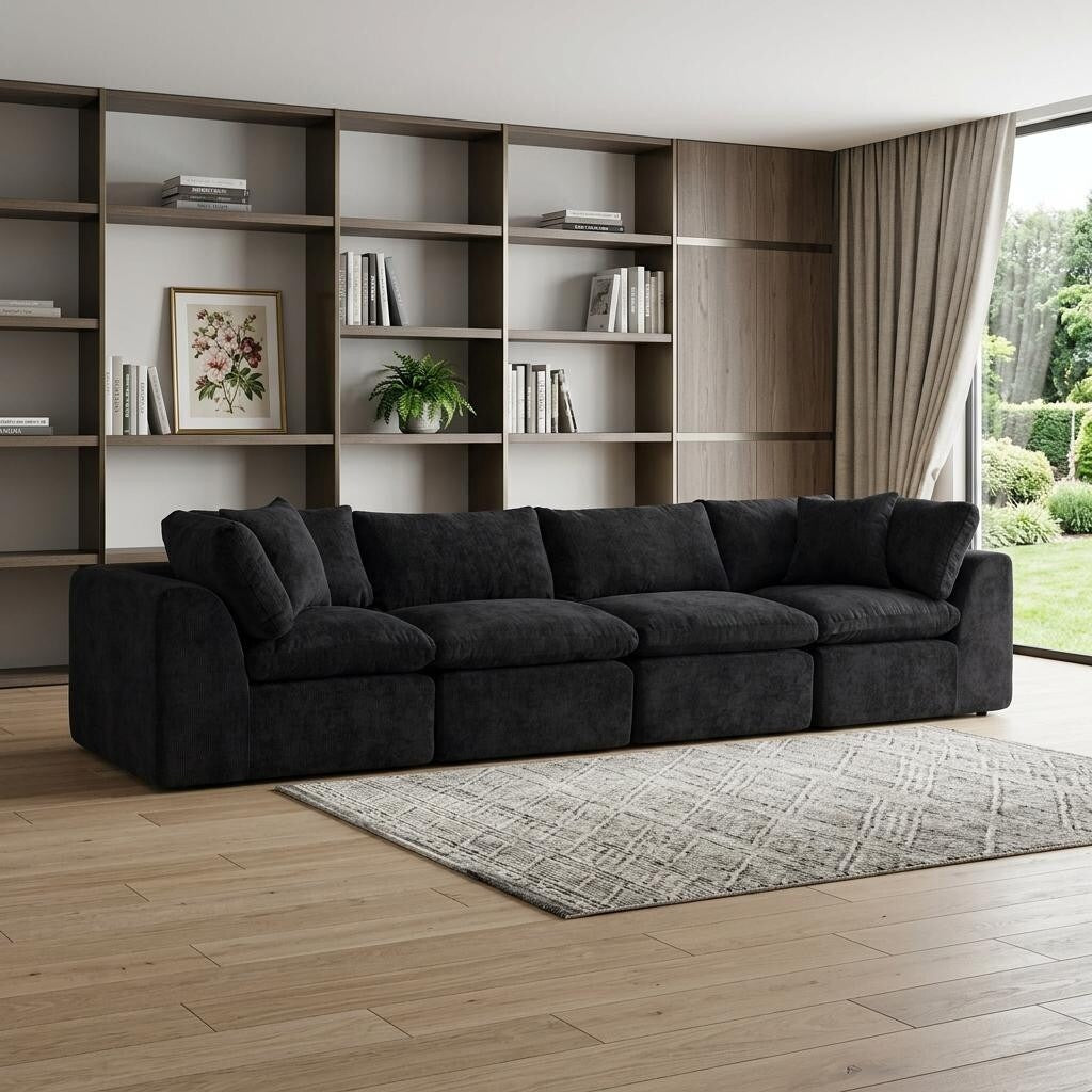 Homeroots 138 Black Chenille Modular Sofa With Toss Pillows