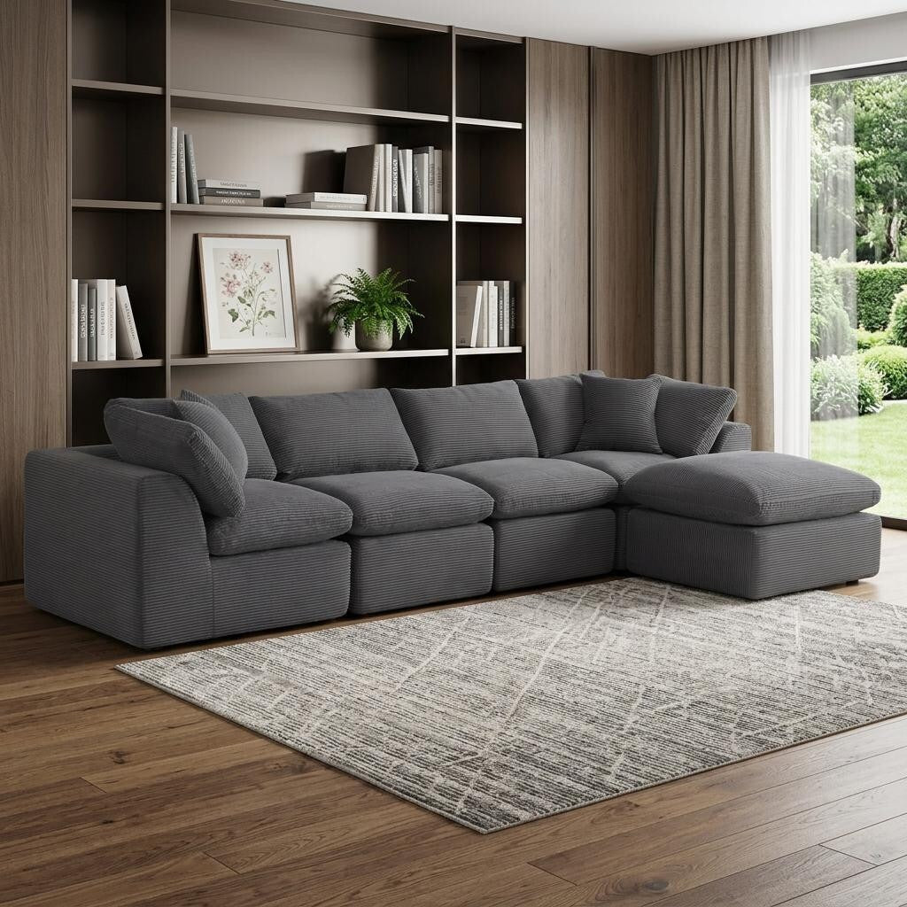 Homeroots 138 Dark Gray Corduroy Modular Sofa With Ottoman And Toss Pillows