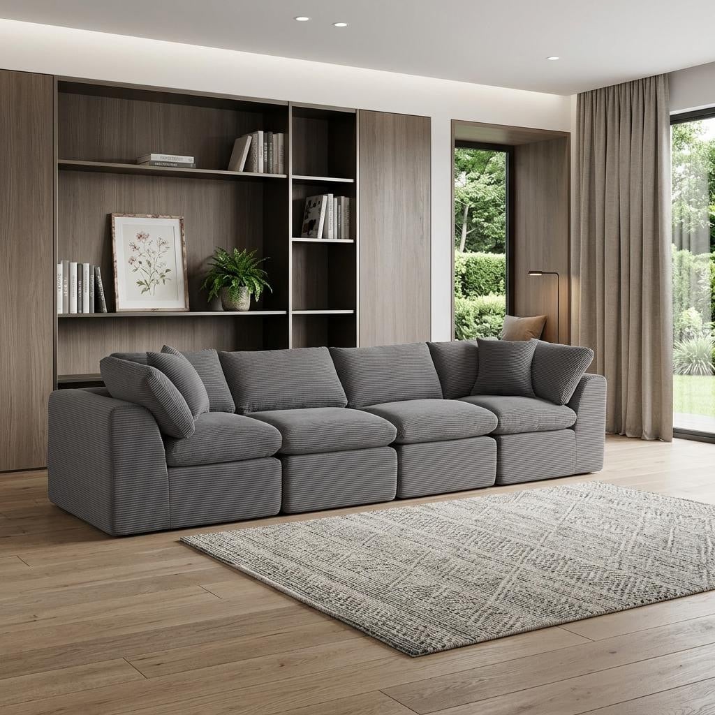 Homeroots 138 Dark Gray Corduroy Modular Sofa With Toss Pillows