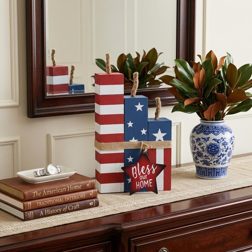 Homeroots 14 Red White And Blue Bless Our Home Tabletop Sign 8.00 In. X 14.00 In. X 3.00 In.