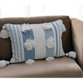Homeroots 14 X 20 Cream And Blue Striped Cotton Blend Lumbar Throw Pillow With Pom Poms And Tassels