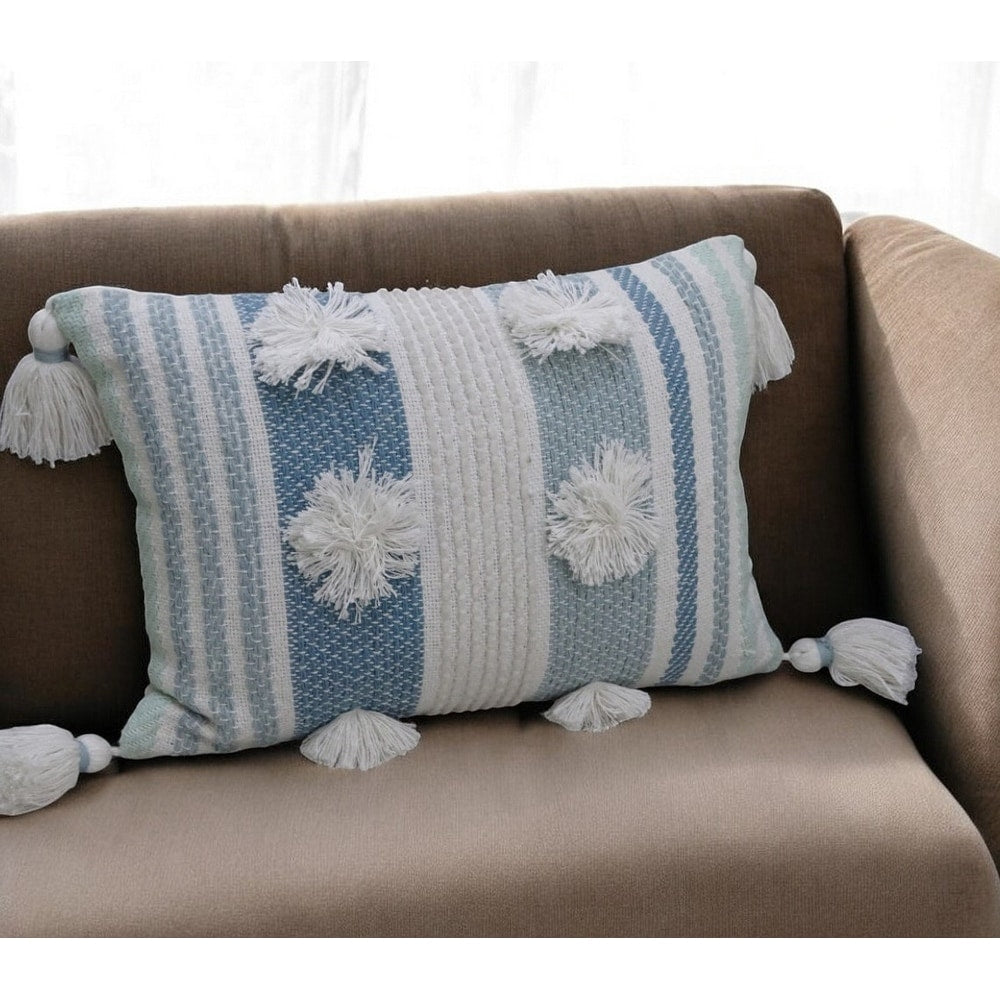 Homeroots 14 X 20 Cream And Blue Striped Cotton Blend Lumbar Throw Pillow With Pom Poms And Tassels
