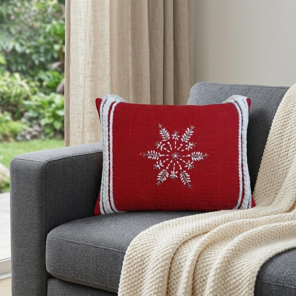 Homeroots 14 X 20 Red Zippered Cotton Blend Christmas Snowflakes Throw Pillow With Embroidery