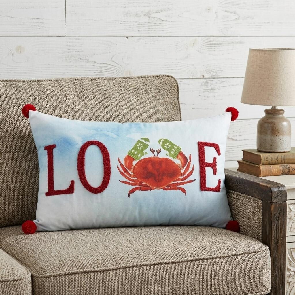 Homeroots 14 X 22 Blue White And Red Crab Love Throw Pillow With Embroidery