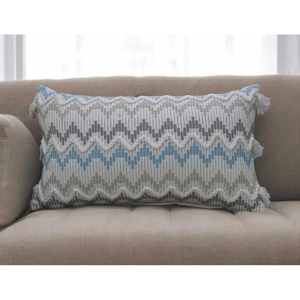 Homeroots 14 X 24 White Gray And Blue Chevron Cotton Lumbar Throw Pillow With Tassels And Texture