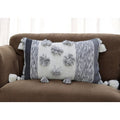 Homeroots 14 X 24 White And Gray Striped Cotton Blend Lumbar Throw Pillow With Pom Poms And Tassels