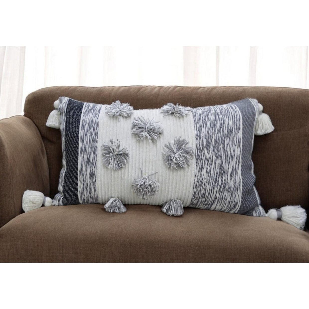 Homeroots 14 X 24 White And Gray Striped Cotton Blend Lumbar Throw Pillow With Pom Poms And Tassels