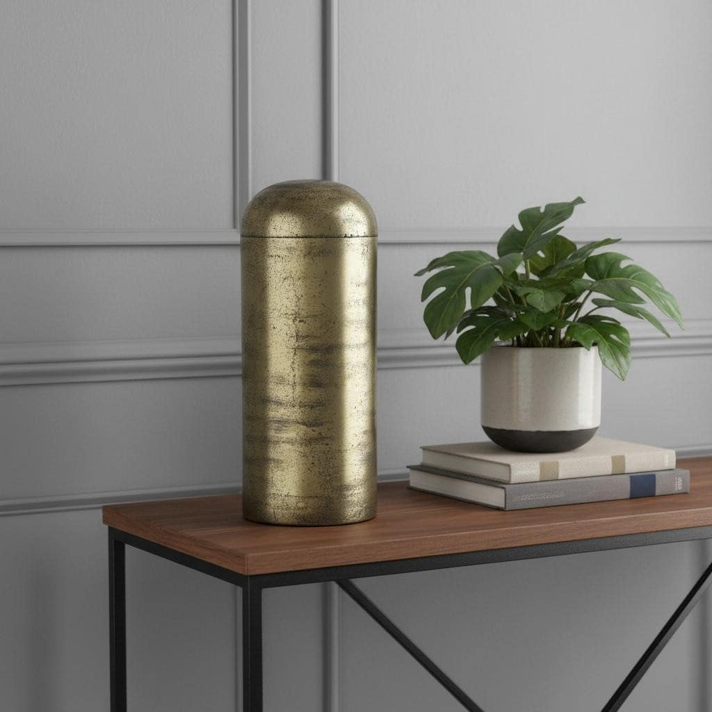 Homeroots 15 Antiqued Brass Cast Aluminum Cylindrical Tabletop Sculpture 6.00 In. X 14.50 In. X 6.00 In.