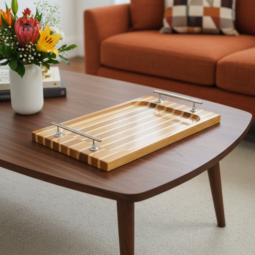 Homeroots 15 Brown And Natural Solid Wood Striped Serving Tray With Handles 14.50 In. X 1.50 In. X 9.00 In.