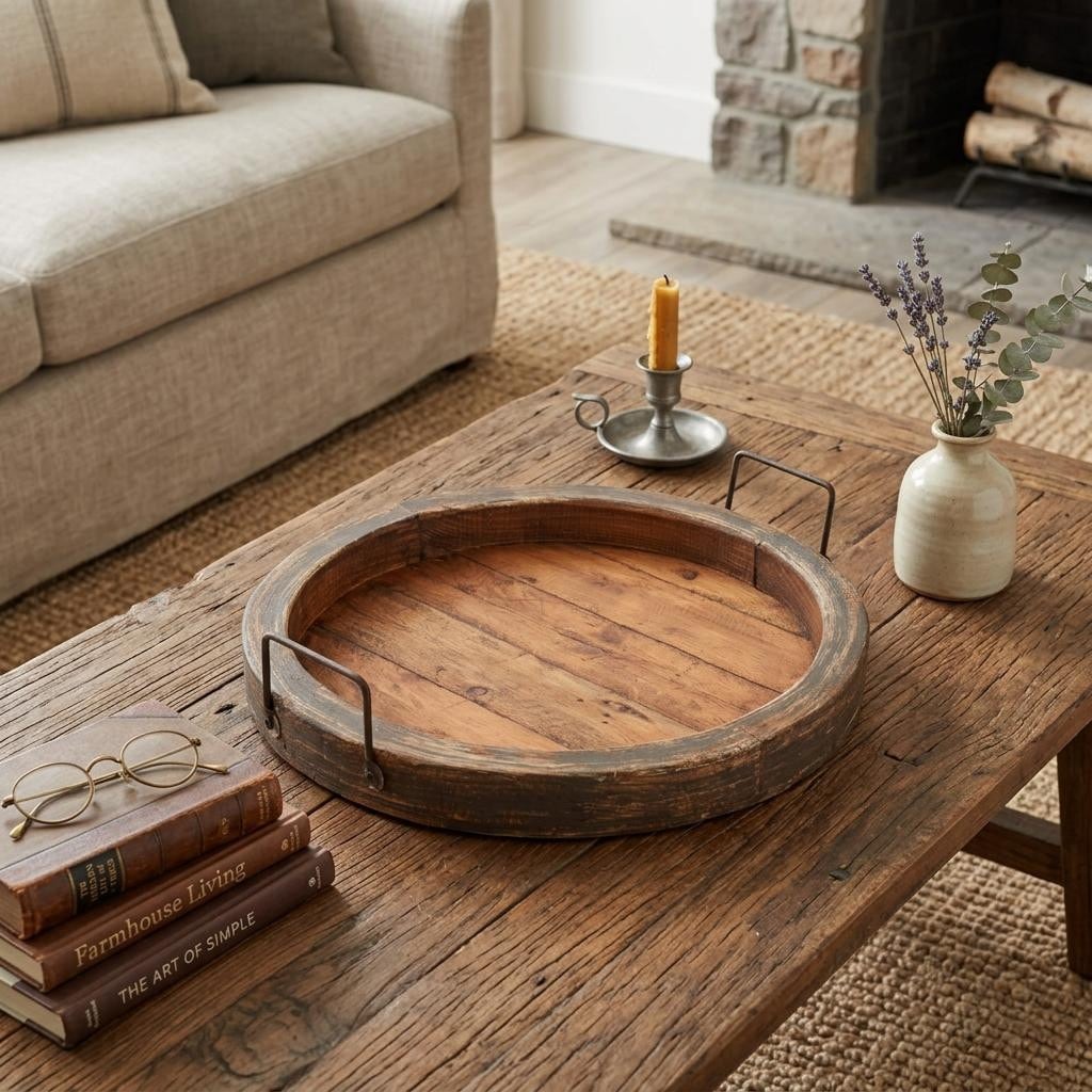 Homeroots 15 Gray And Natural Solid Wood Handmade Round Serving Tray With Handles