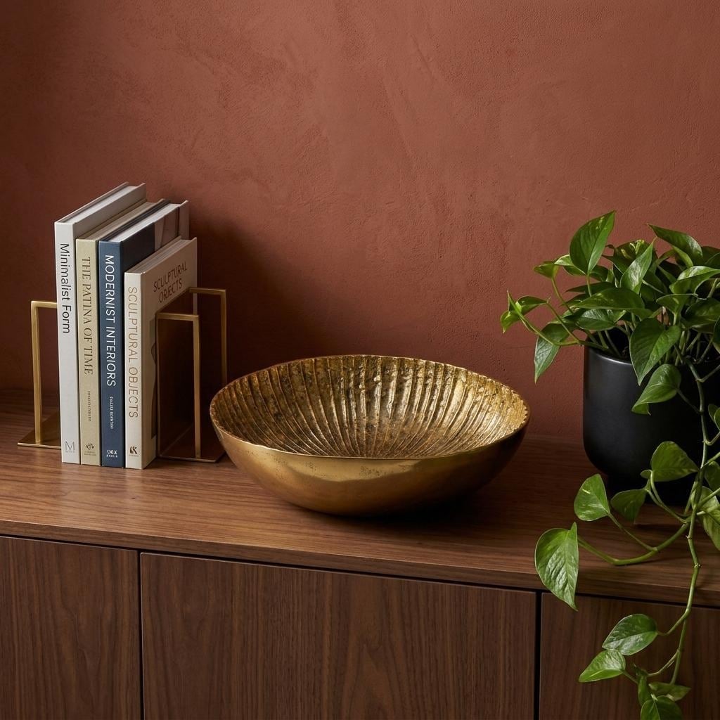 Homeroots 16 Antiqued Gold Aluminum Round Centerpiece Bowl 16.25 In. X 4.75 In. X 16.25 In.