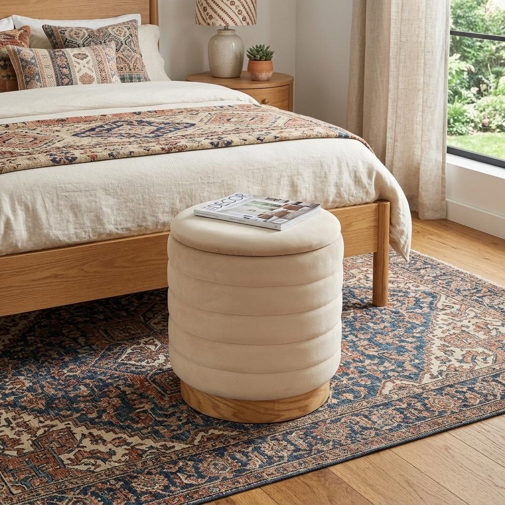 Homeroots 16 Beige And Natural Velvet Tufted Cylinder Storage Ottoman