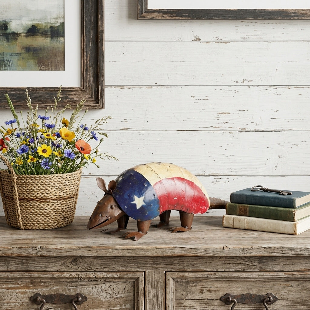 Homeroots 16 Red Off White And Blue Metal Armadillo Tabletop Sculpture 16.00 In. X 6.00 In. X 5.00 In.