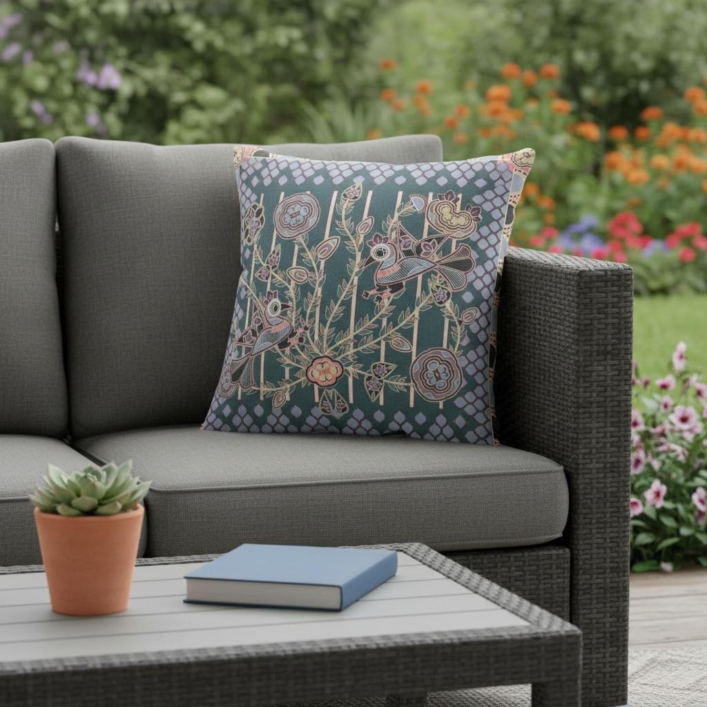 Homeroots 16 X 16 Blue And Pink Peacock Blown Seam Floral Indoor Outdoor Throw Pillow 16.00 X 5.00 X 16.00