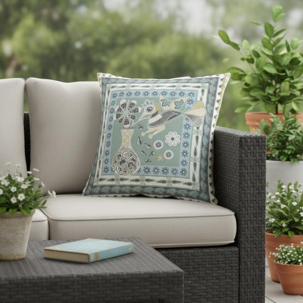 Homeroots 16 X 16 Green And Black Peacock Blown Seam Floral Indoor Outdoor Throw Pillow 16.00 X 5.00 X 16.00