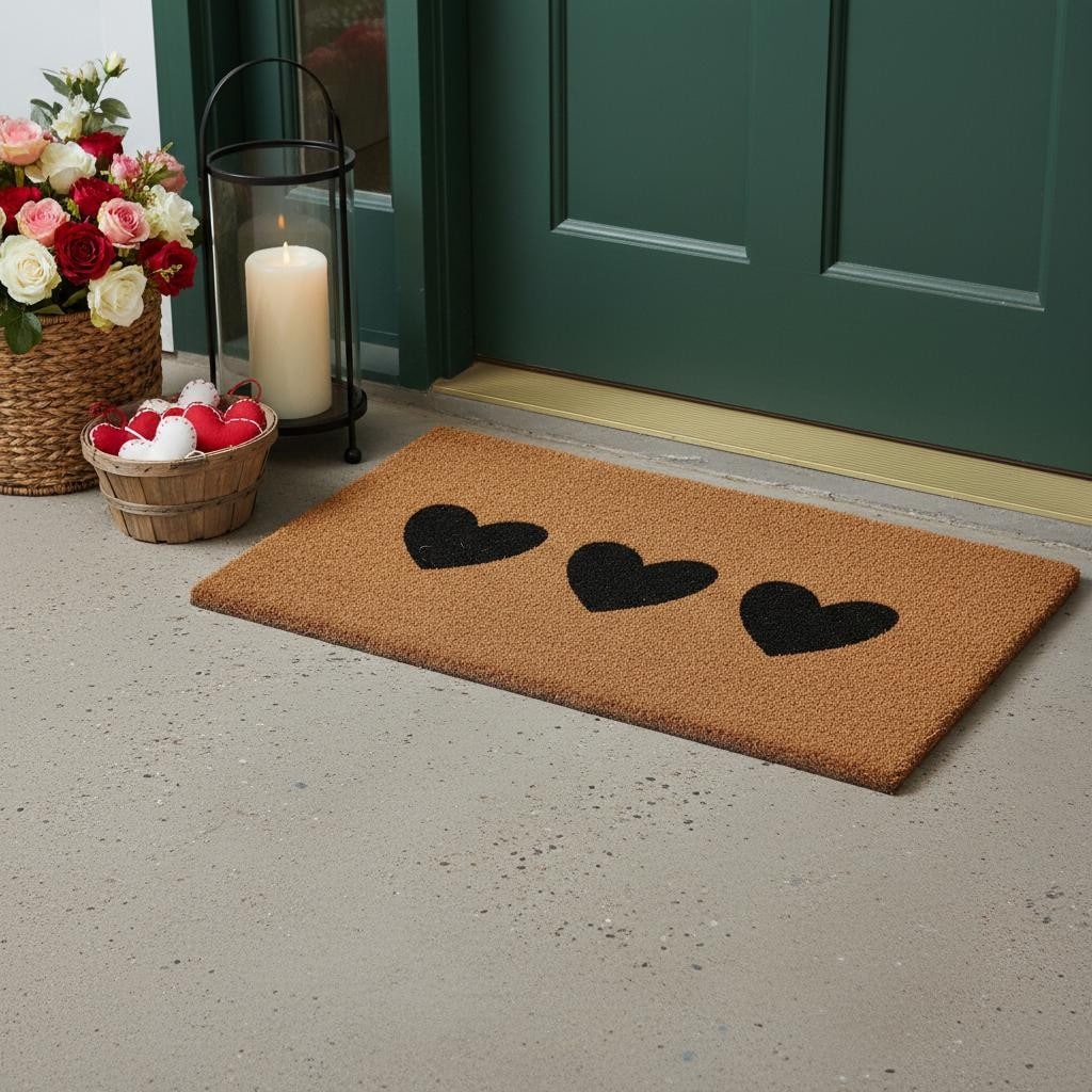 Homeroots 17 X 29 Brown And Black Three Hearts Outdoor Coir Door Mat 17.00 X 29.00
