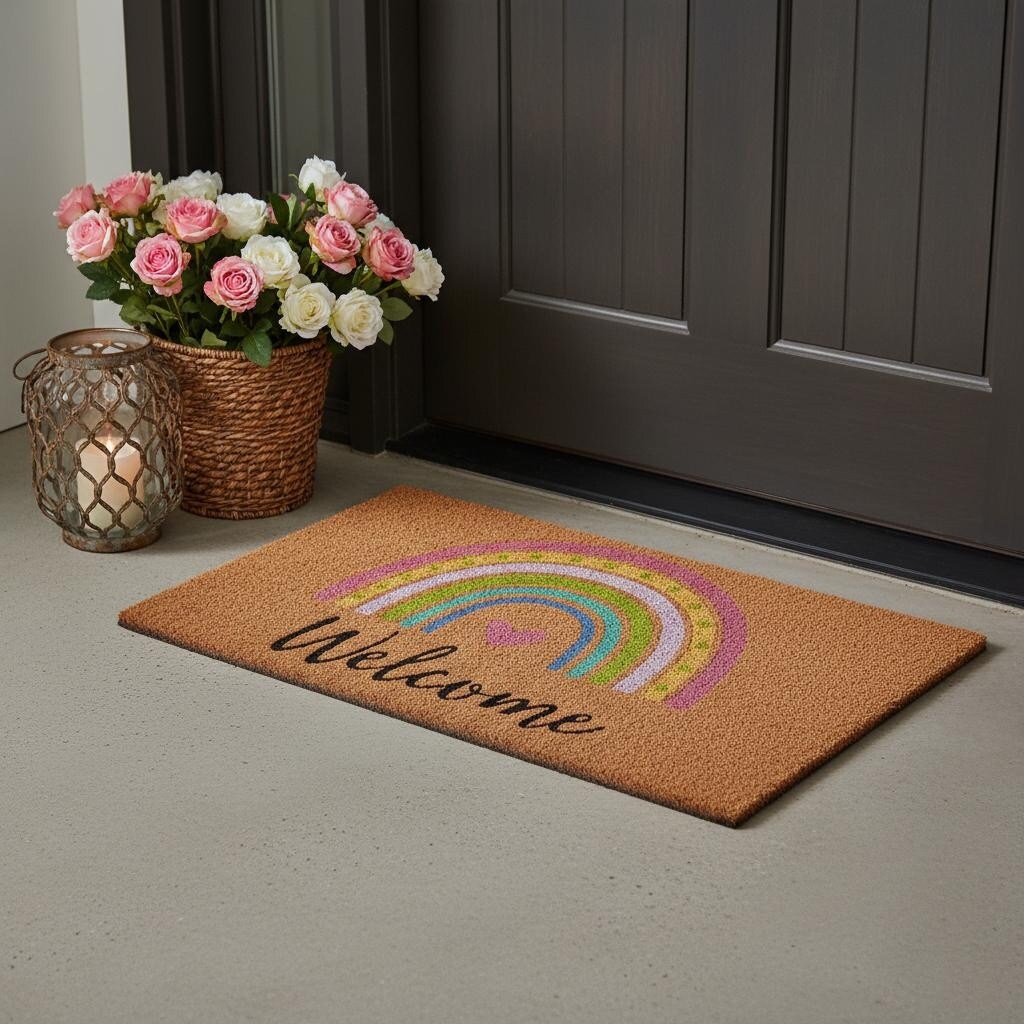 Homeroots 17 X 29 Brown And Pink Rainbow Welcome Outdoor Coir Door Mat 17.00 X 29.00