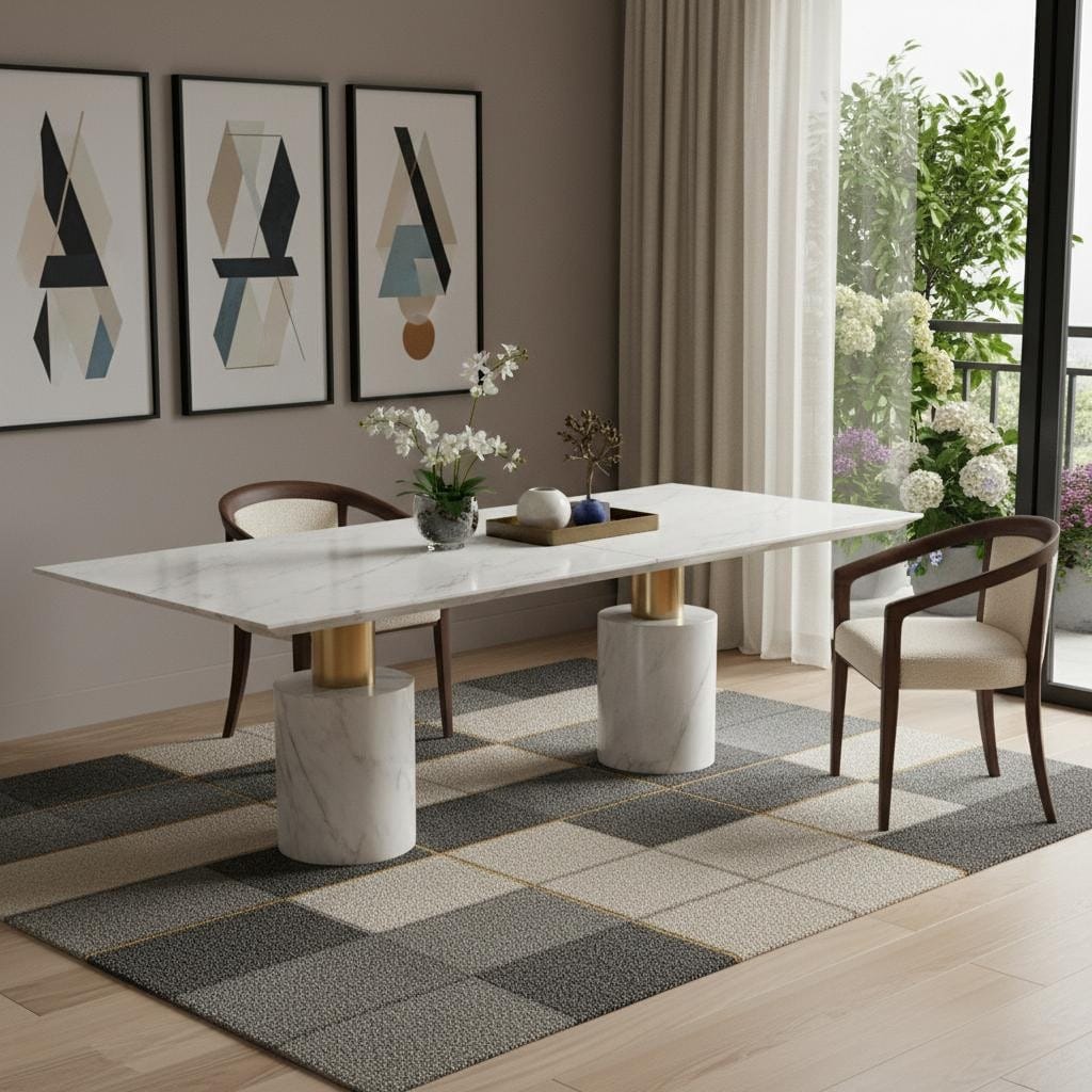 Homeroots 180 White And Gold Marble And Steel Double Pedestal Base Dining Table 180.00 In. X 30.00 In. X 48.00 In.