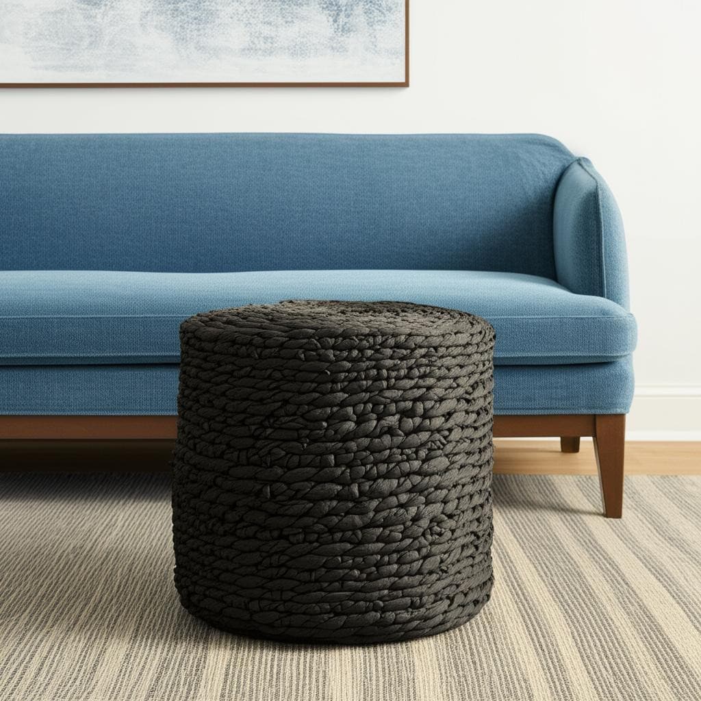 Homeroots 18 Black Water Hyacinth Round Pouf Ottoman