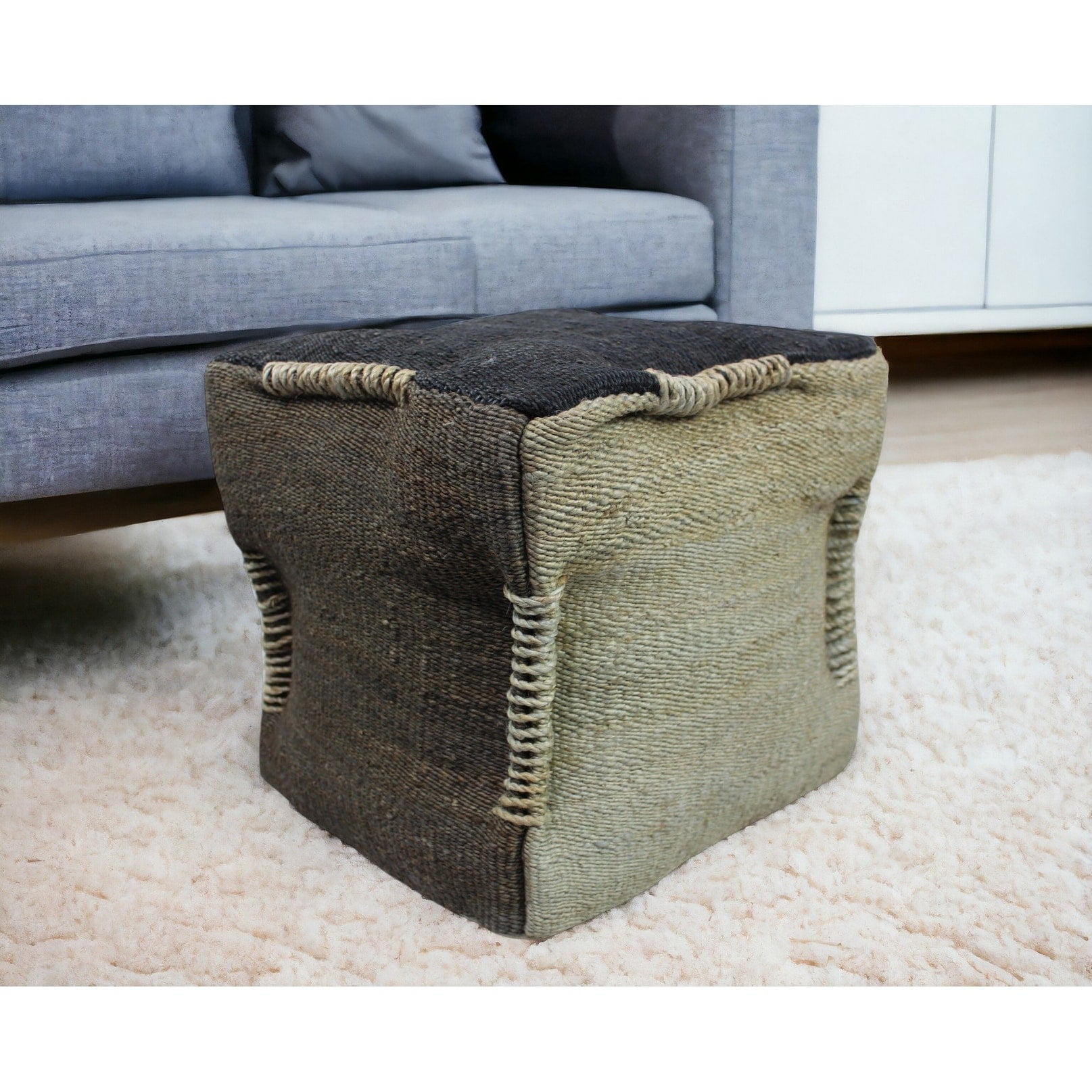 Homeroots 18 Black And Taupe Jute Cube Pouf Ottoman