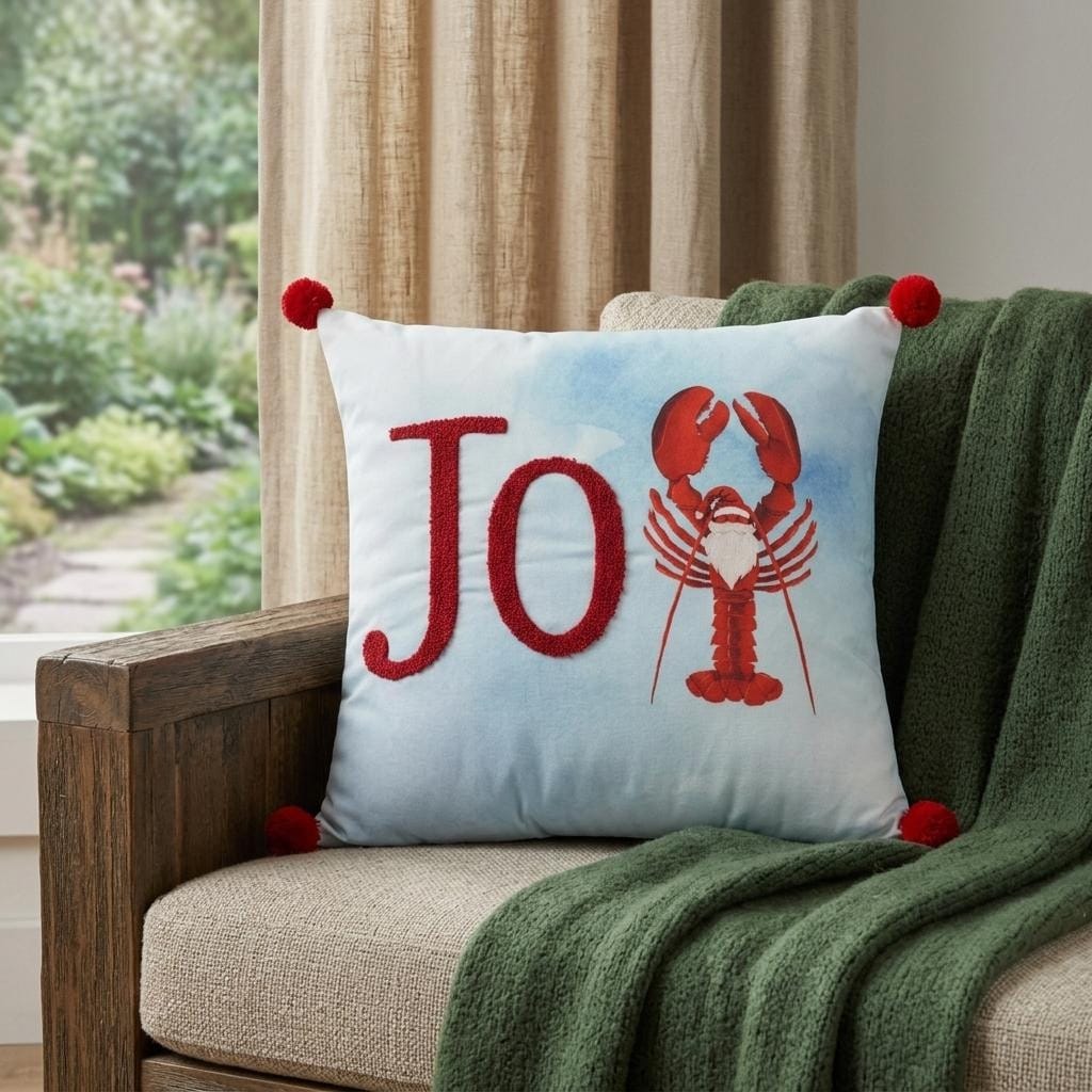 Homeroots 18 Blue White And Red Lobster Joy Throw Pillow With Embroidery