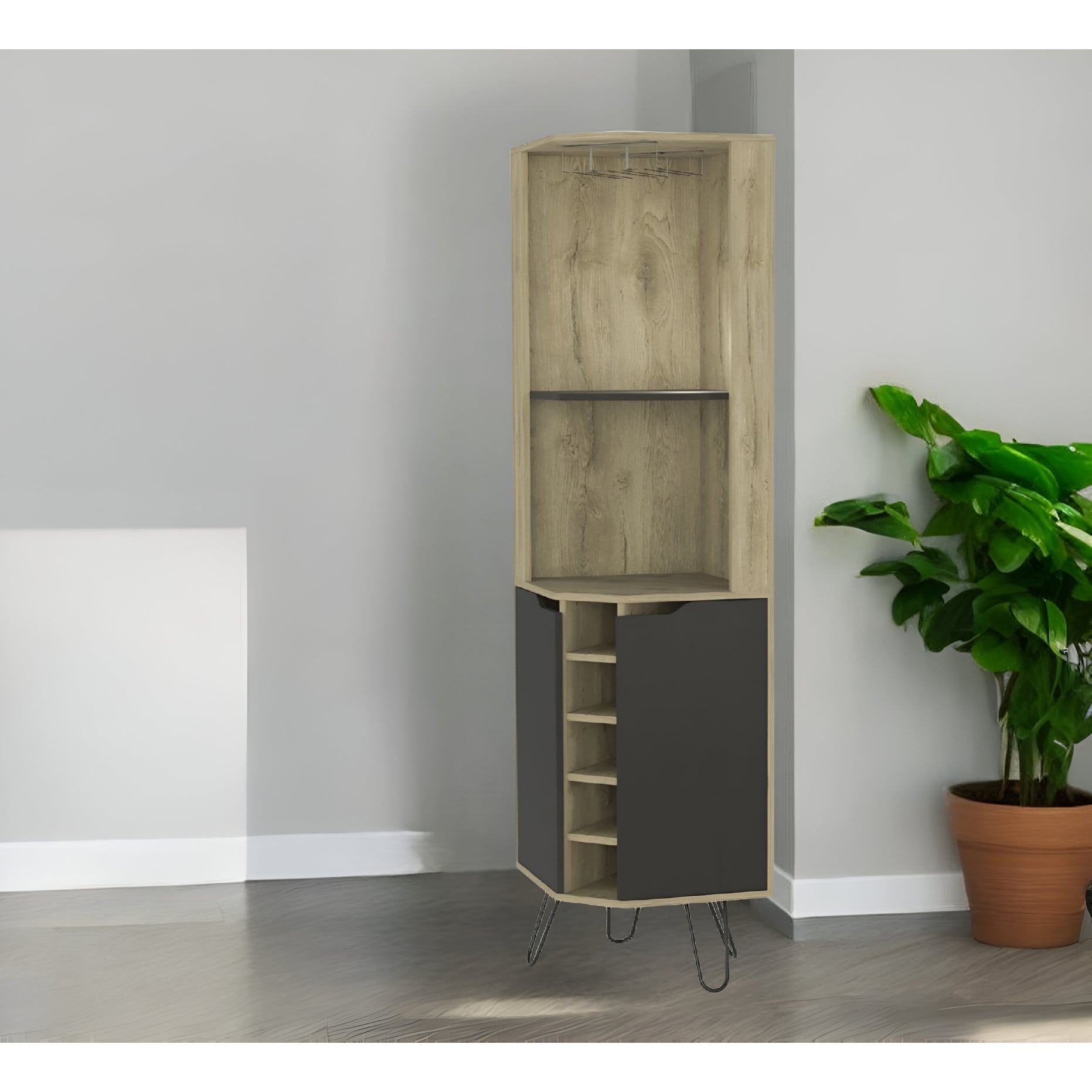 Homeroots 18 Brown And Black And Brown Corner Bar Cabinet With Eleven Shelves