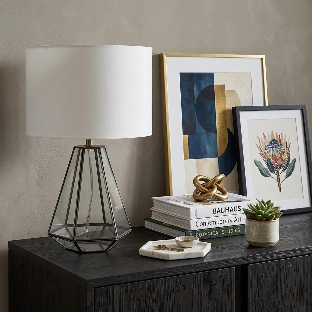 Homeroots 18 Clear And Brass Glass And Metal Geometric Table Lamp With Drum Shade 12.00 In. X 18.25 In. X 12.00 In.