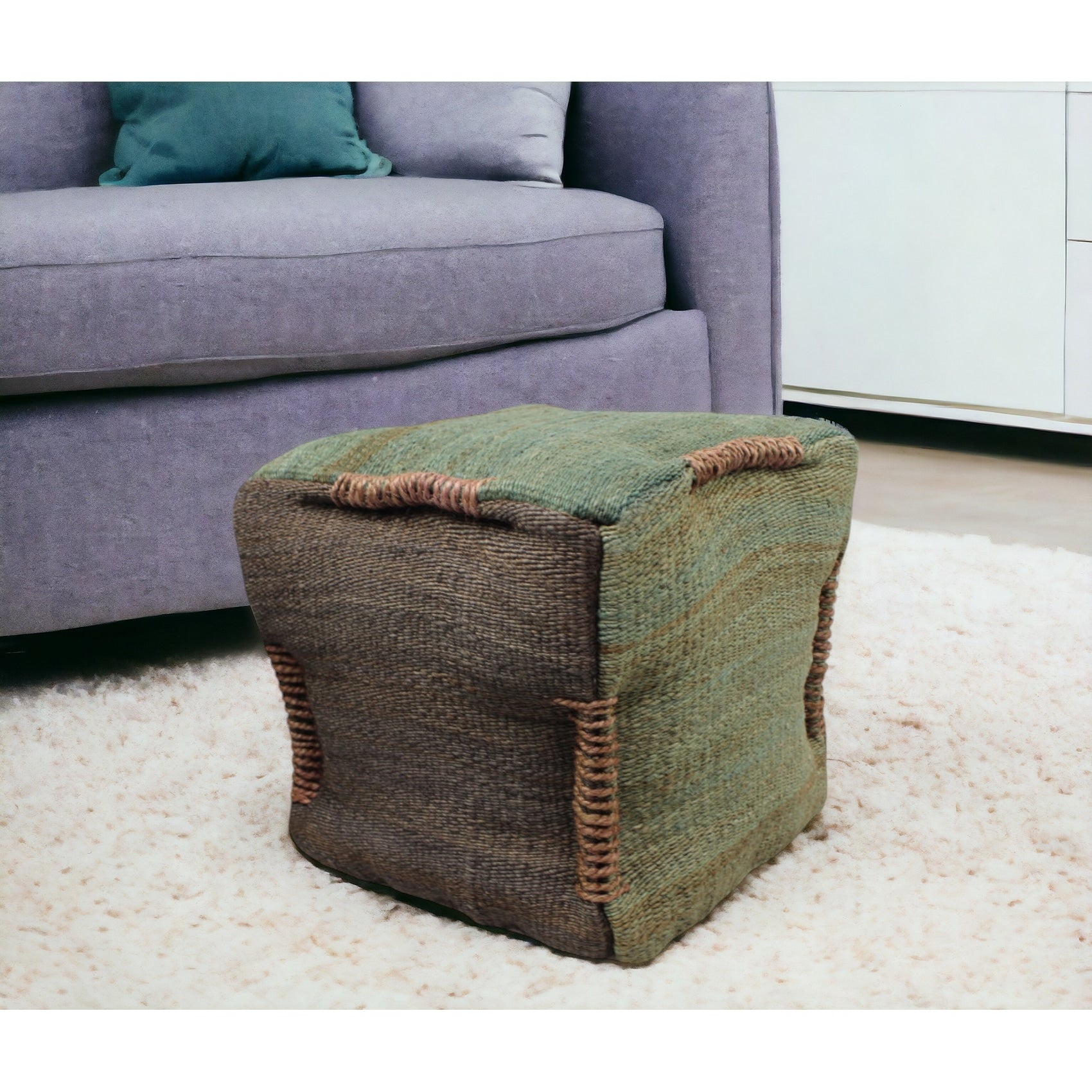 Homeroots 18 Green And Brown Jute Cube Pouf Ottoman