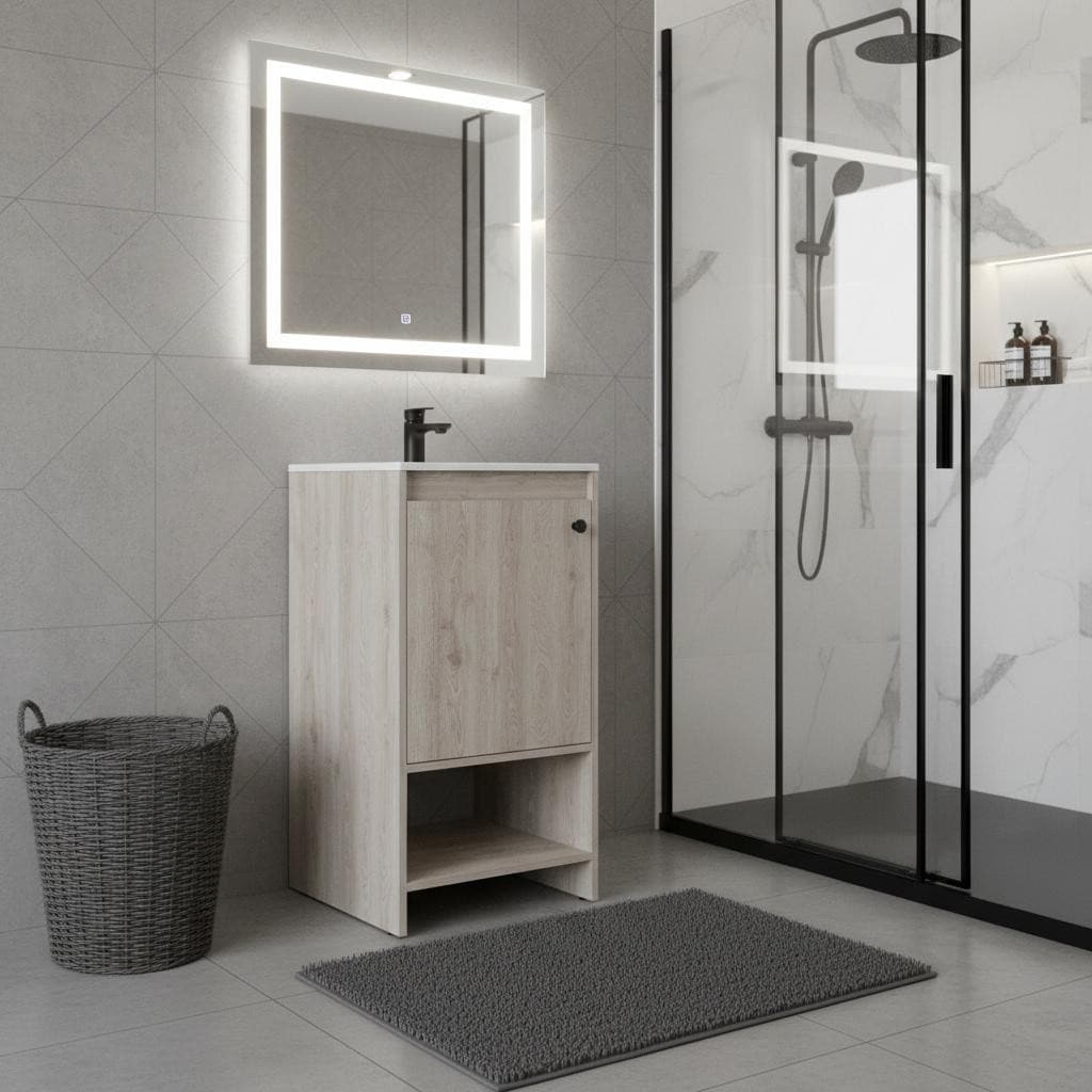 Homeroots 18 Light Gray Wood Freestanding Single Door Bathroom Vanity With White Sink 17.70 In. X 33.50 In. X 17.70 In.