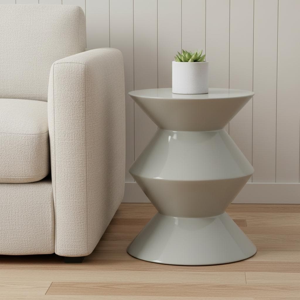 Homeroots 18 Light Gray Wood Round Top Geo Pedestal End Table 14.00 In. X 18.00 In. X 14.00 In.