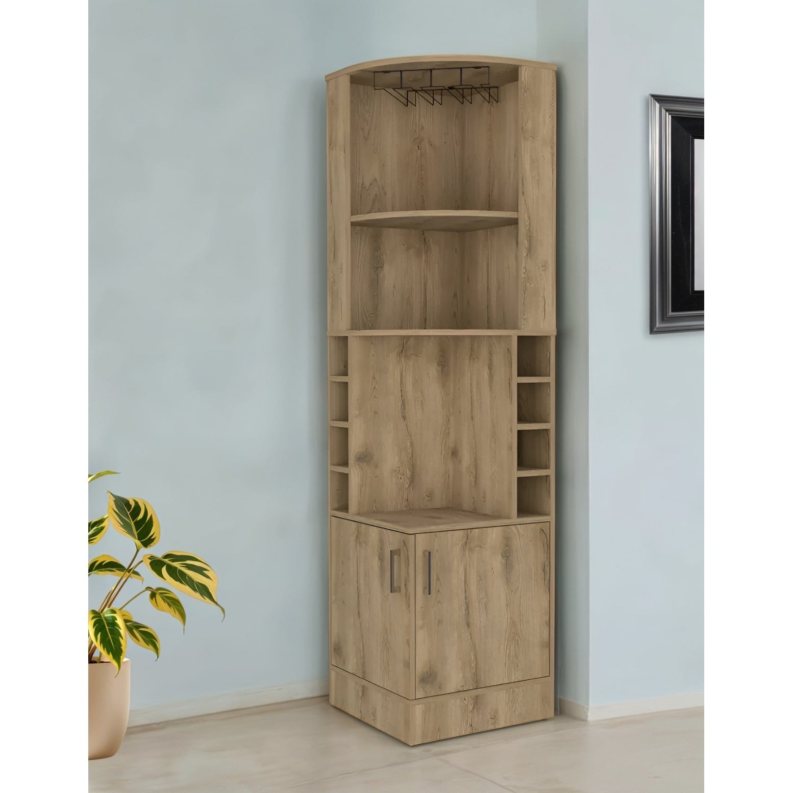Homeroots 18 Natural Corner Bar Cabinet With Eleven Shelves