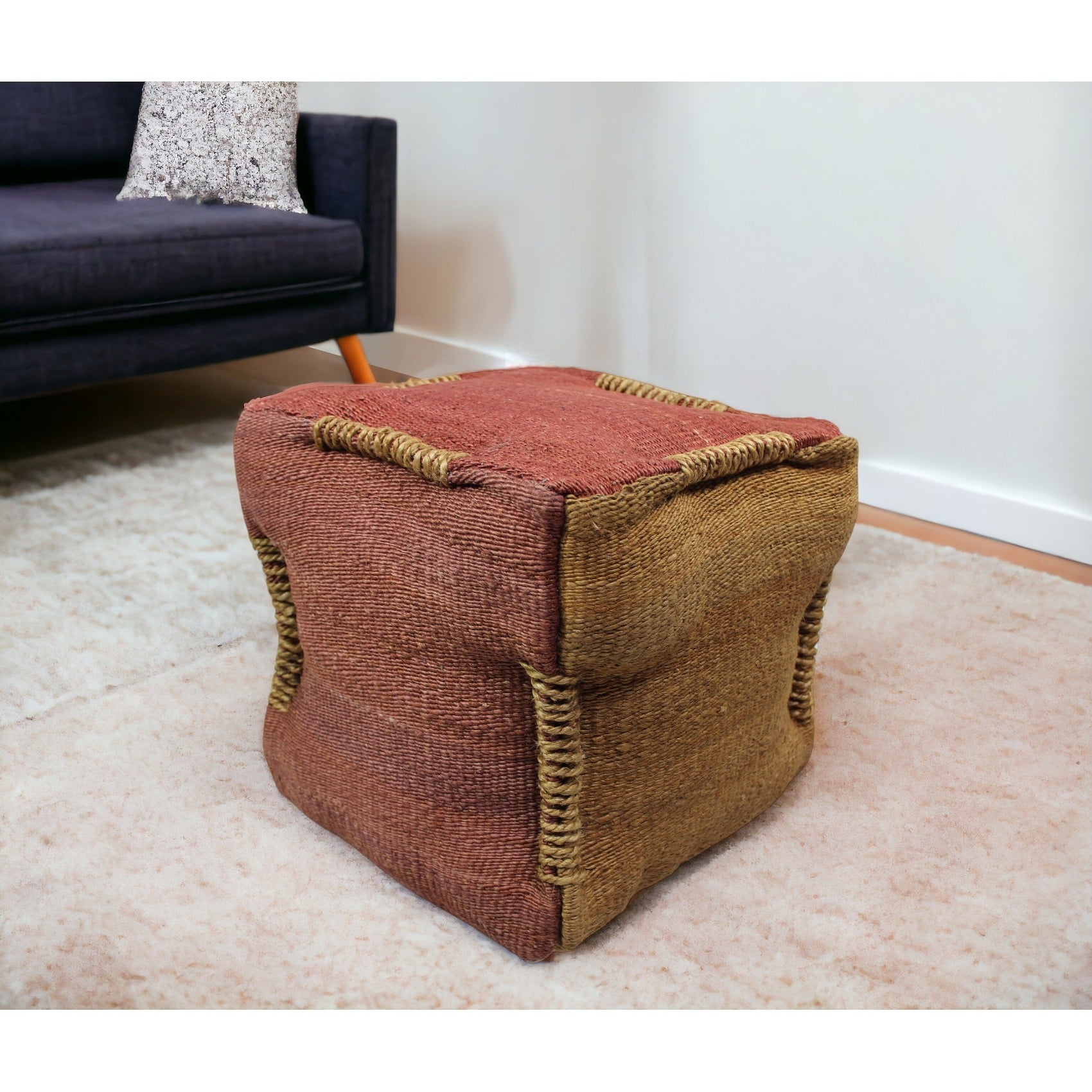 Homeroots 18 Pink And Orange Jute Cube Pouf Ottoman