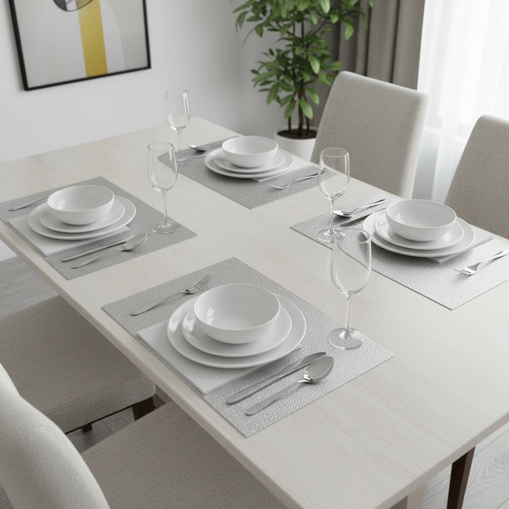 Homeroots 18 Set Of Four Silver Vinyl Placemats 18.00 In. X 12.00 In. X 0.50 In.