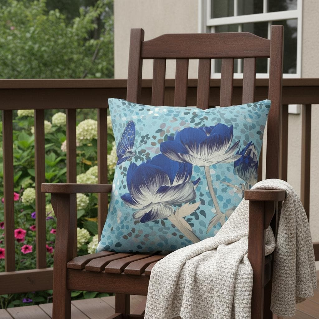 Homeroots 18 X 18 Blue Butterfly Blown Seam Floral Indoor Outdoor Throw Pillow 18.00 X 5.00 X 18.00