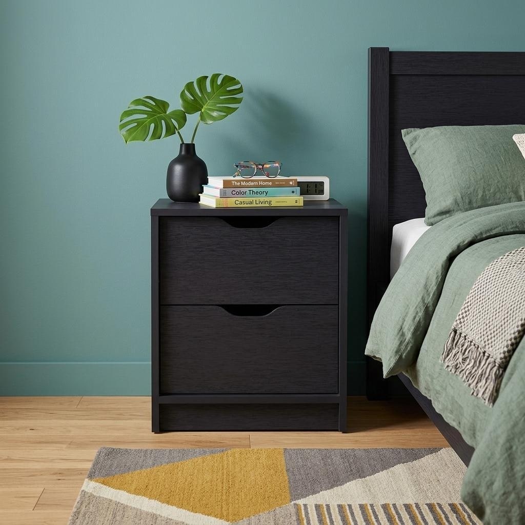 Homeroots 19 Black Wood Two Drawer Nightstand With Integrated Tech