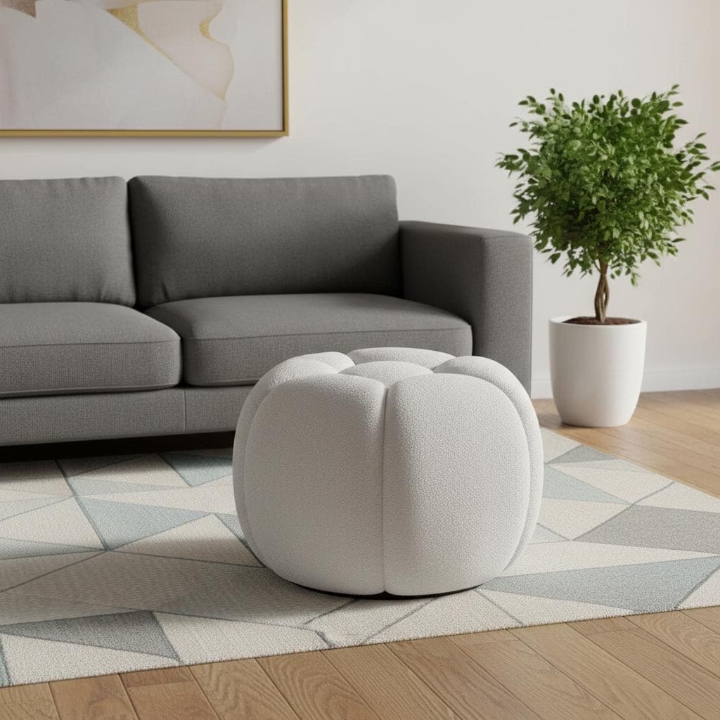 Homeroots 19 White Tufted Boucle Round Ottoman
