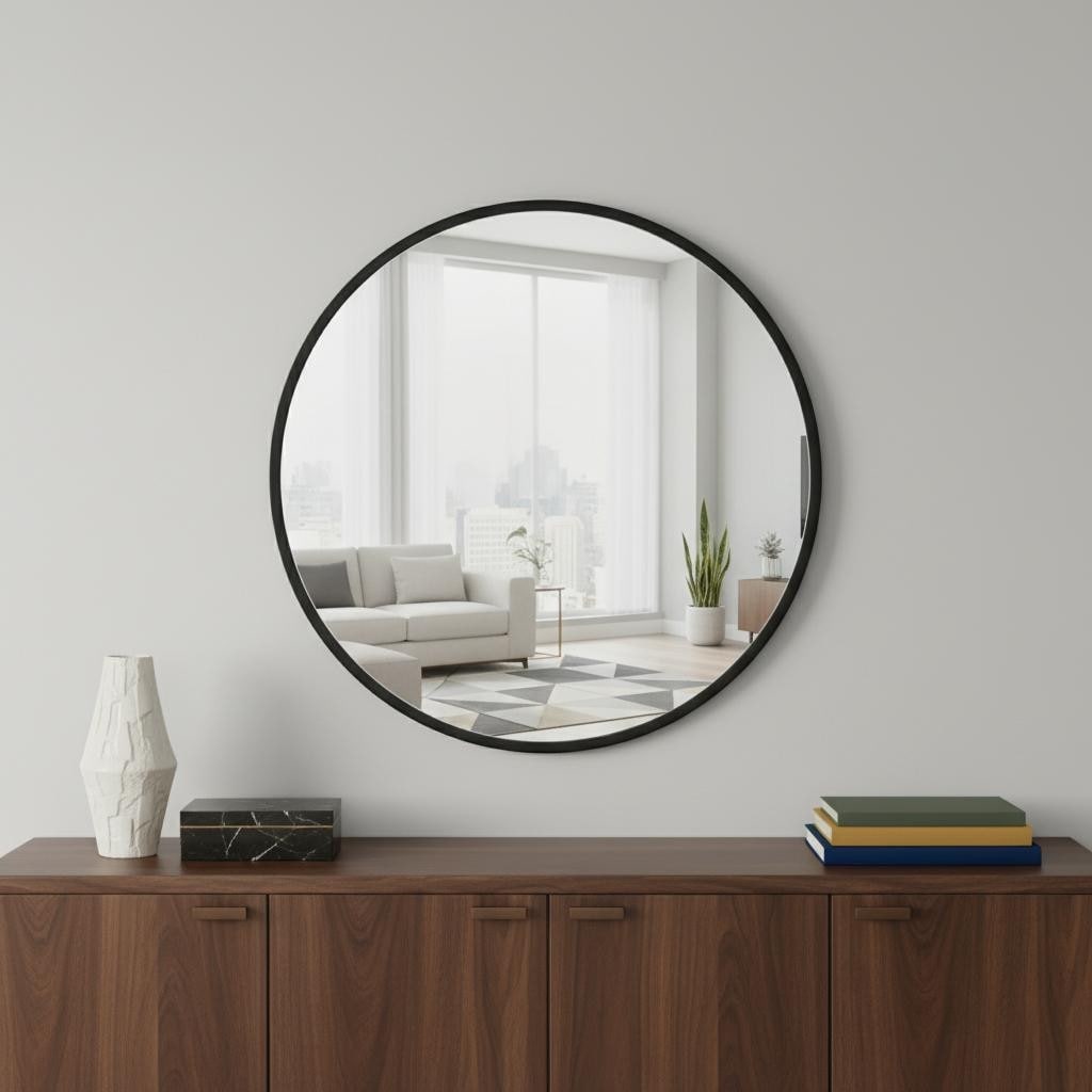 Homeroots 20 Black Aluminum Round Framed Accent Mirror 20.00 In. X 20.00 In. X 0.70 In.