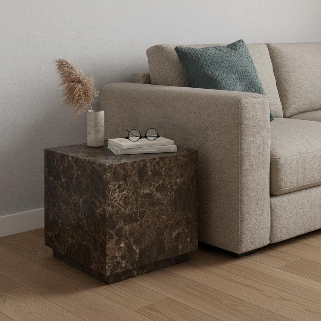Homeroots 20 Brown Marble Square Block End Table 20.00 In. X 20.00 In. X 20.00 In.