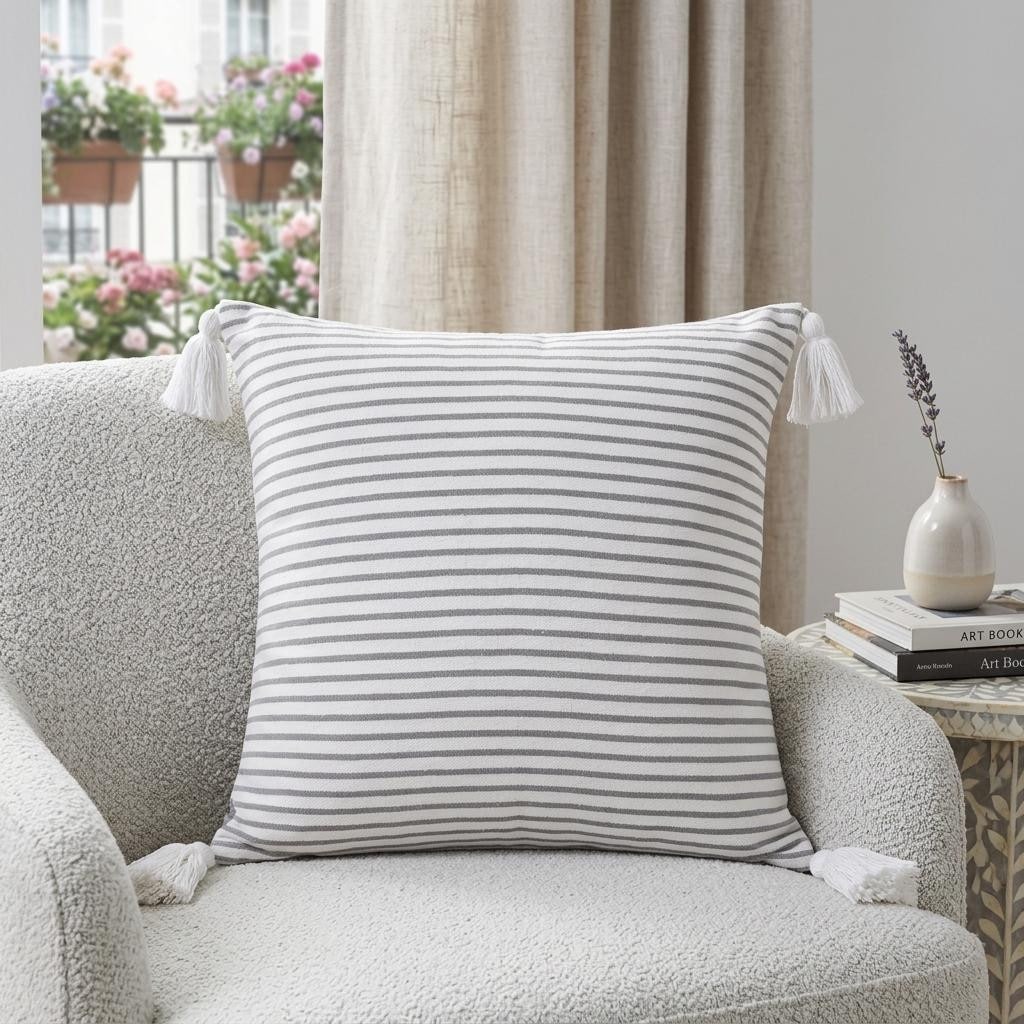 Homeroots 20 Gray And White Striped Cotton Throw Pillow Cover With Tassels