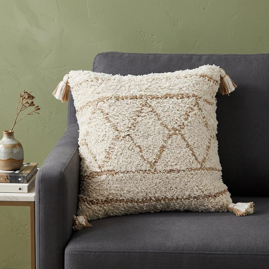 Homeroots 20 Ivory And Beige Geometric Cotton Blend Throw Pillow Cover With Tassels