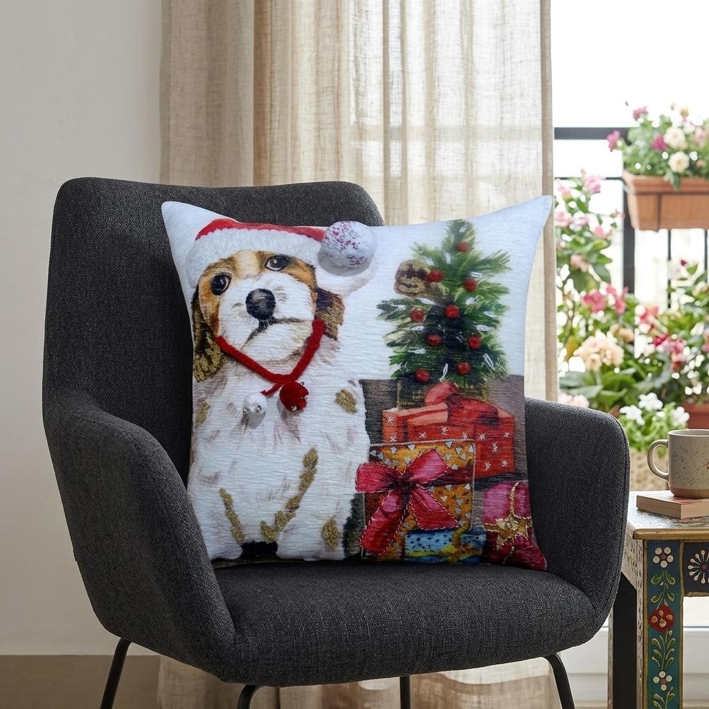 Homeroots 20 X 20 Red And White Dog Zippered Handmade Cotton Blend Christmas Throw Pillow With Pom Poms
