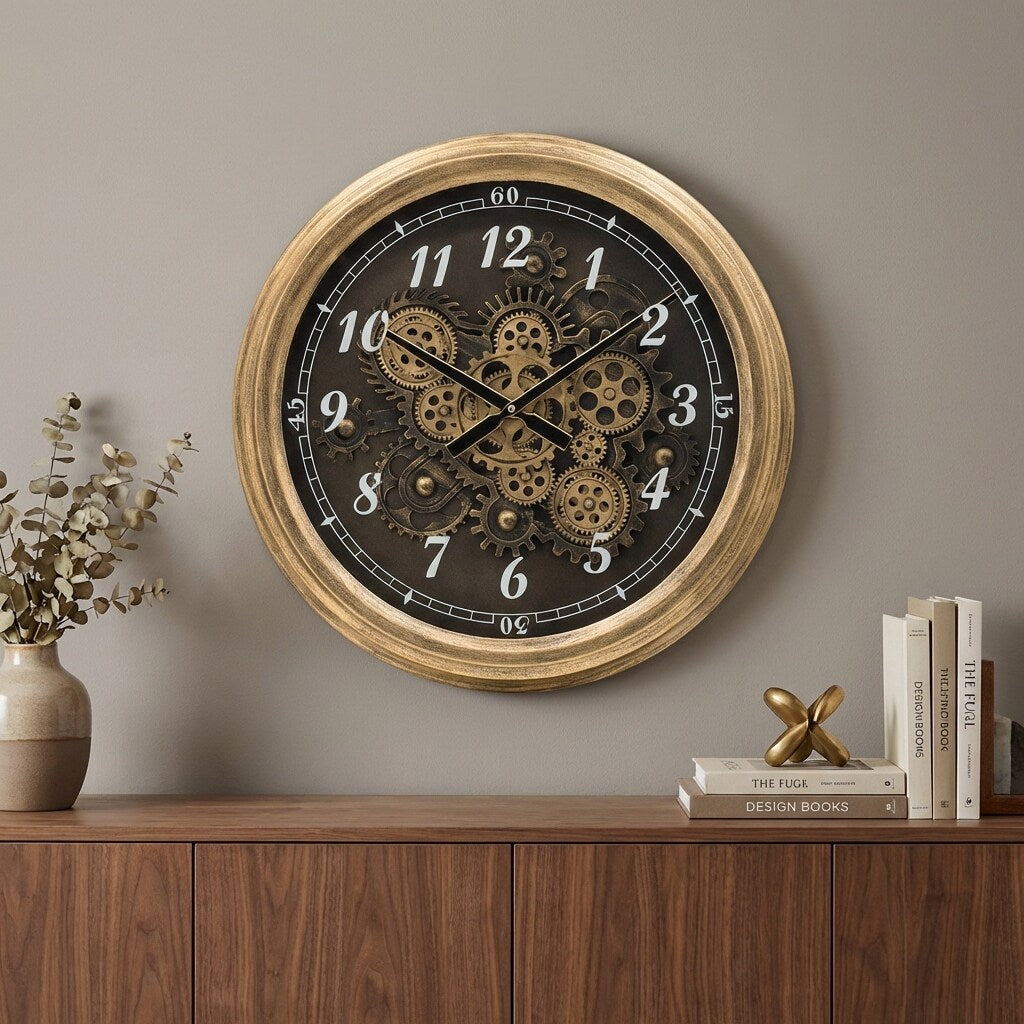 Homeroots 21 Circle Black And Gold Wood And Glass Analog Exposed Gear Wall Clock 20.90 In. X 20.90 In. X 3.50 In.