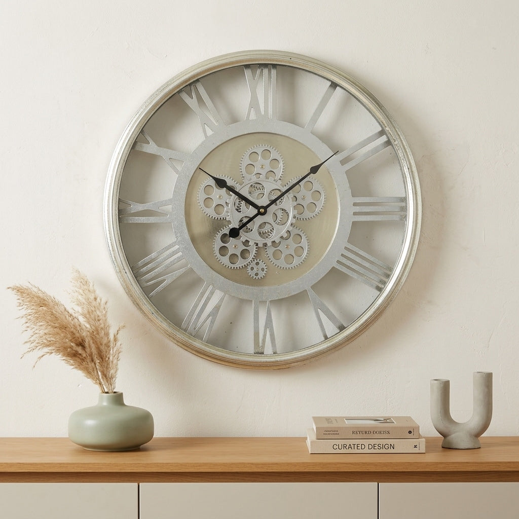 Homeroots 21 Circle Silver Metal And Glass Analog Exposed Gear Wall Clock 21.30 In. X 21.30 In. X 3.20 In.