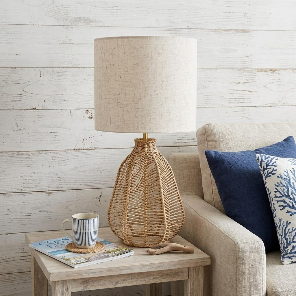 Homeroots 21 Natural Rope Rattan Table Lamp With Drum Shade 10.25 In. X 21.00 In. X 10.25 In.