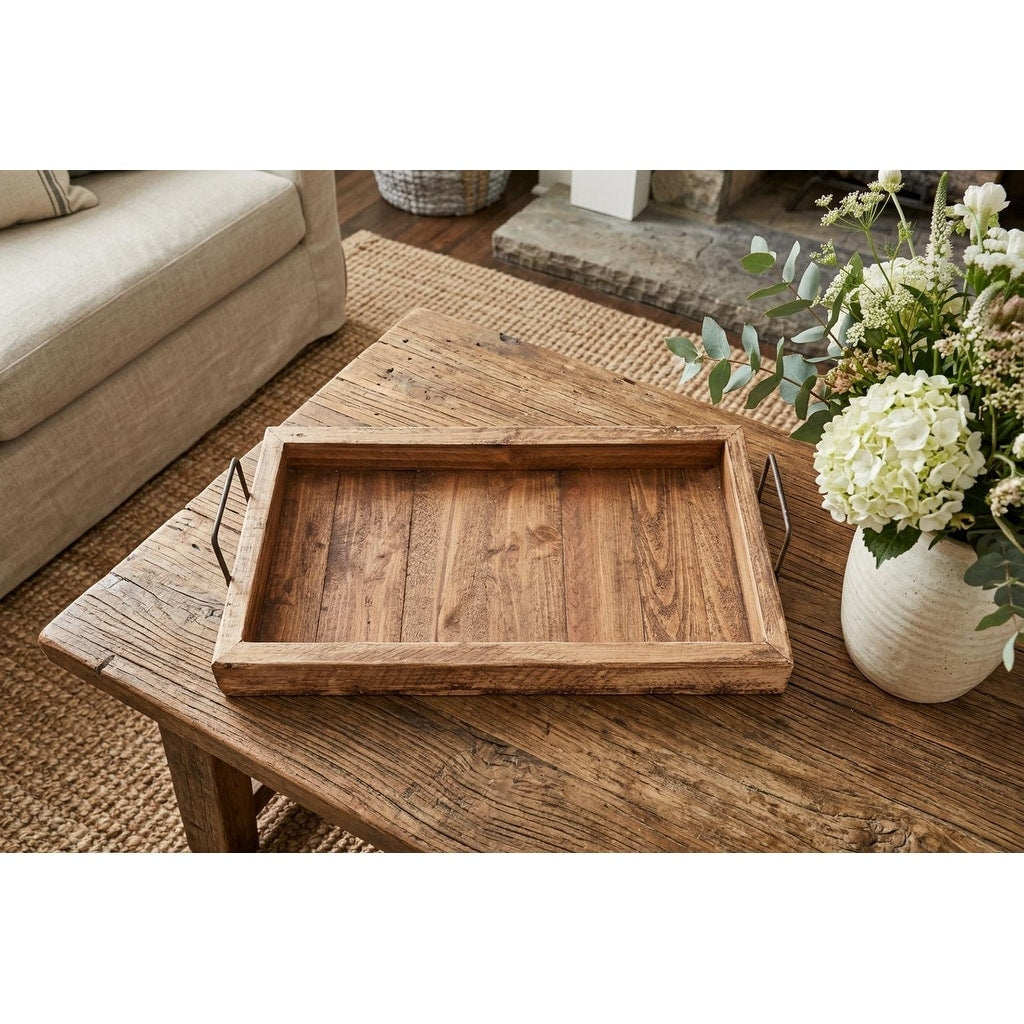Homeroots 21 Natural Solid Wood Handmade Serving Tray With Handles 21.00 In. X 4.00 In. X 10.00 In.