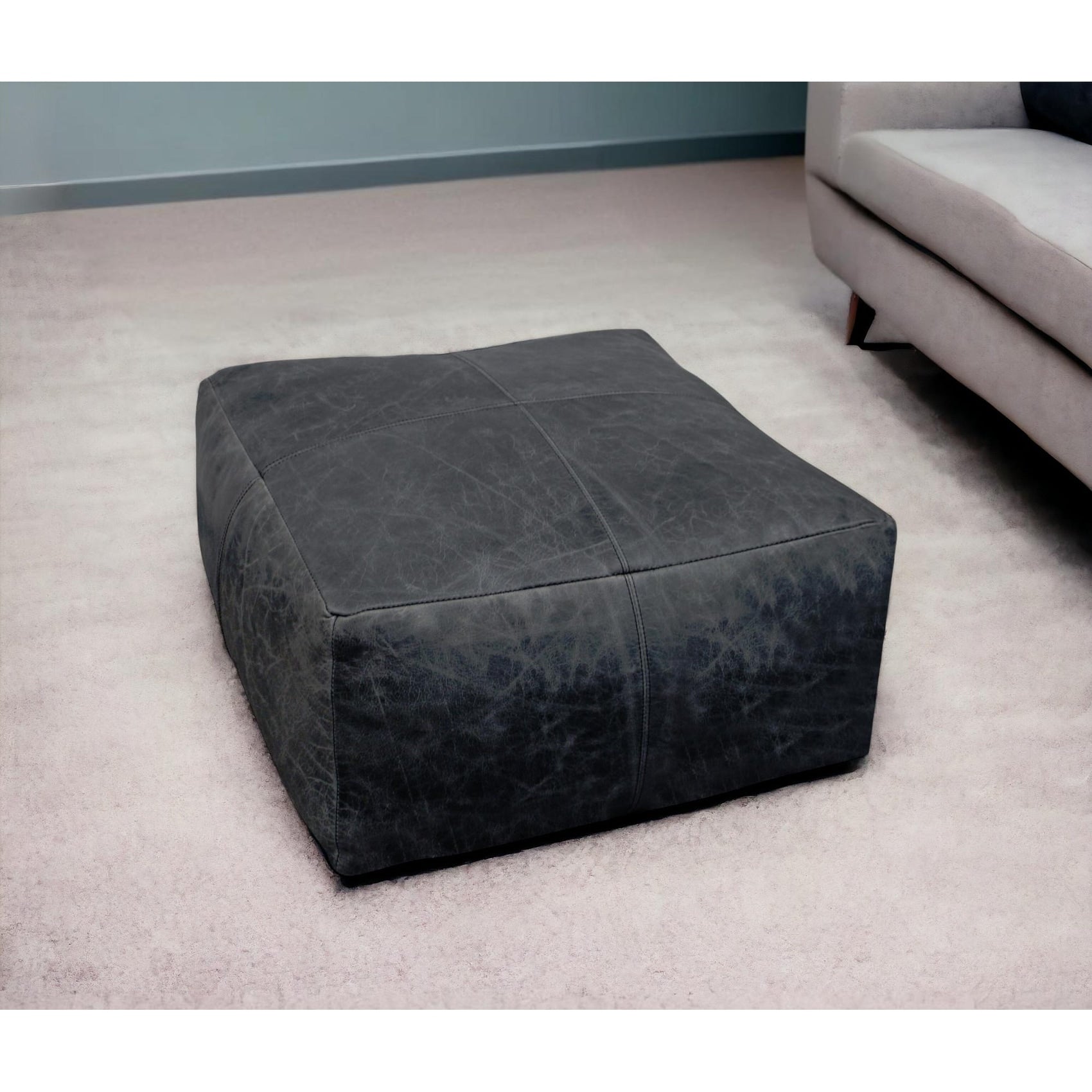 Homeroots 22 Black Distressed Leather Pouf Ottoman
