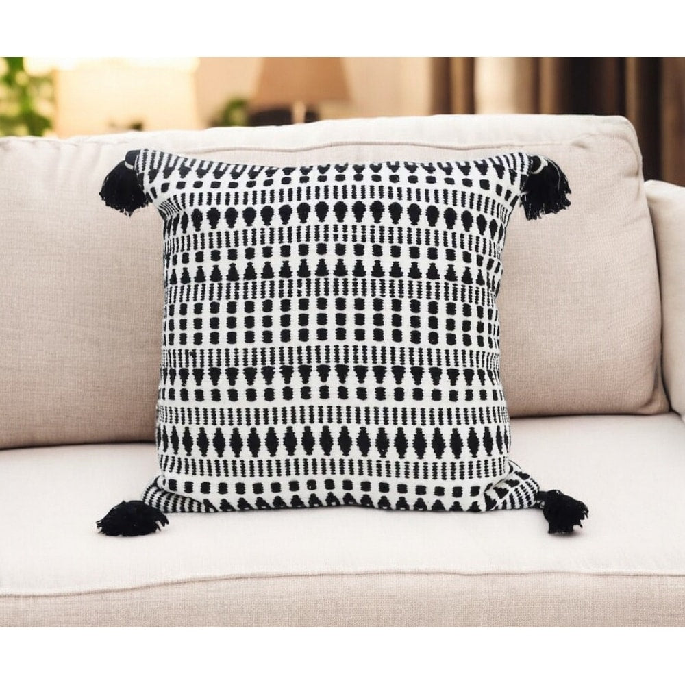 Homeroots 22 Black And White Southwestern Cotton Blend Throw Pillow With Tassels