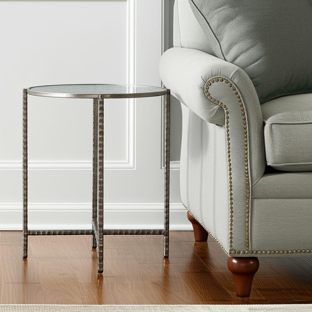 Homeroots 22 Clear And Silver Glass And Distressed Steel Round End Table 21.00 In. X 22.00 In. X 21.00 In.