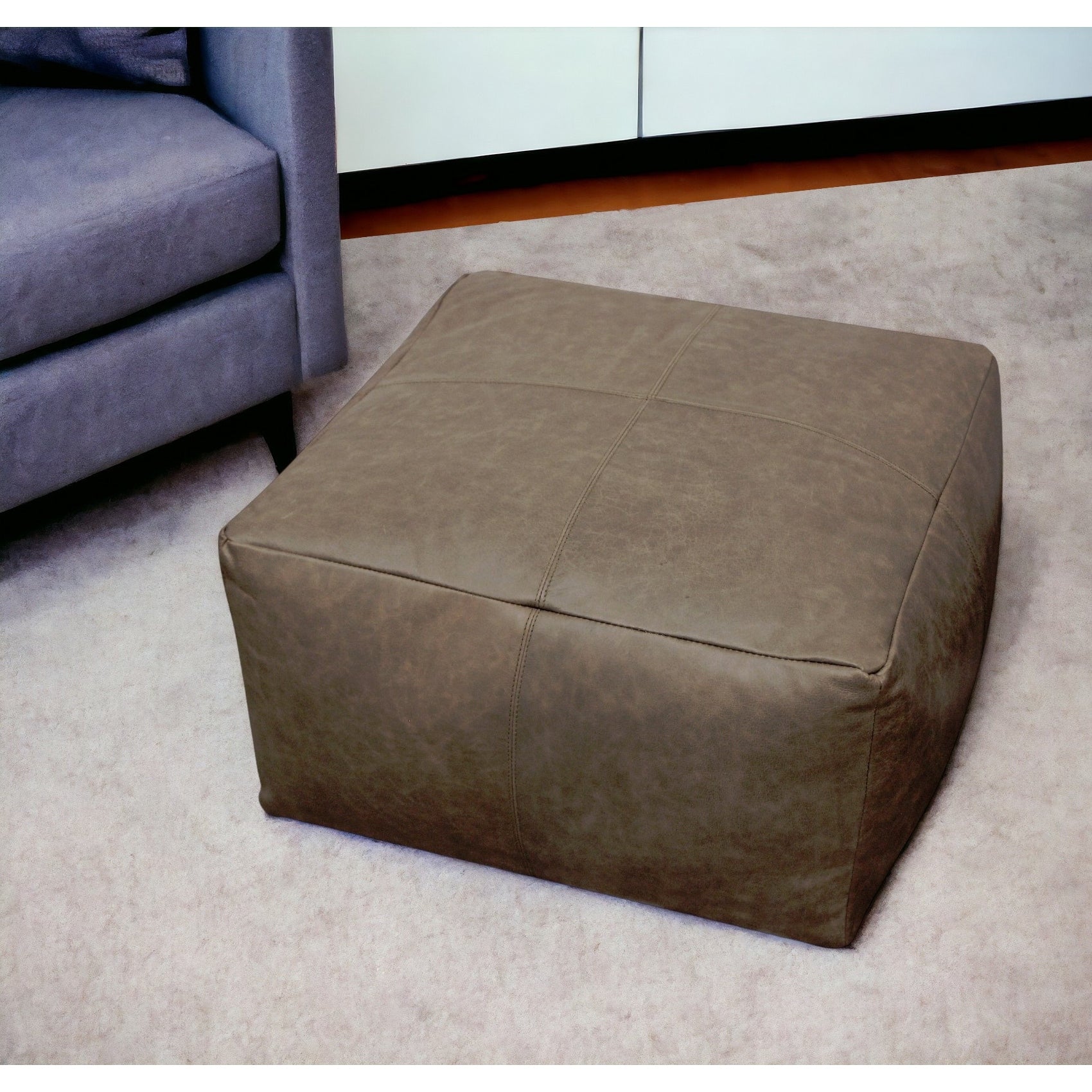 Homeroots 22 Gray Brown Distressed Leather Pouf Ottoman