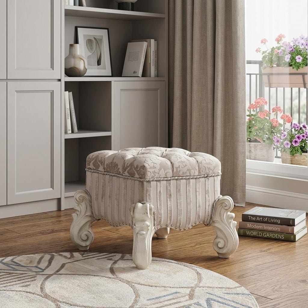 Homeroots 22 Ivory And Bone Fabric Floral Tufted Vanity Chair 22.00 In. X 19.00 In. X 22.00 In.